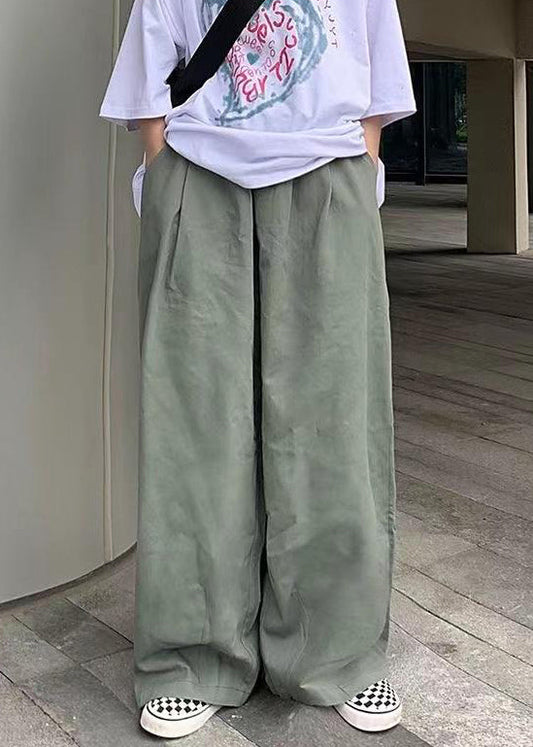 Cotton Solid Green Leg Mens Pants Wide Simple