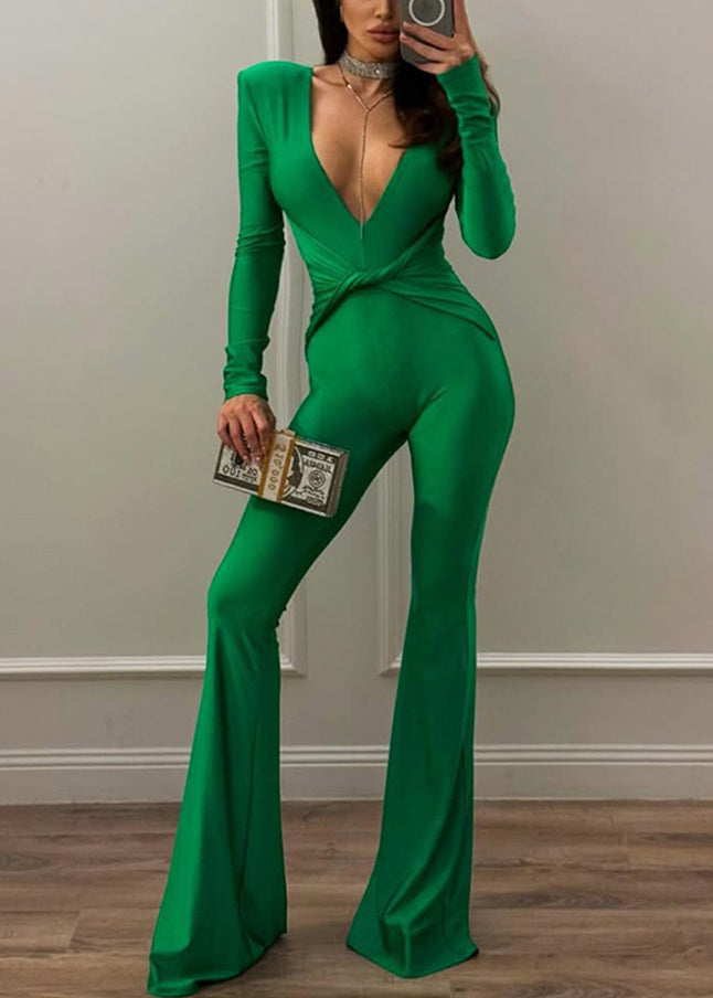 Trousers Green Neck Waist Simple V Flared Cotton Solid High