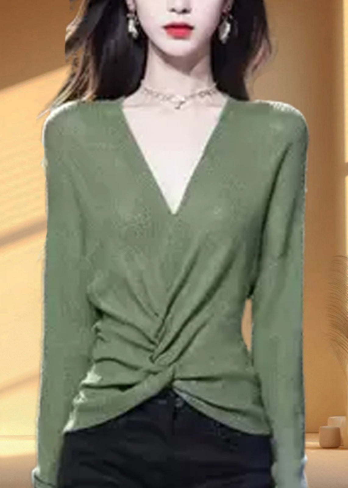 Simple Green V Neck Solid Cozy Knit Sweater Fall WQ035