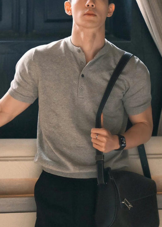 Solid Grey Simple Button Men Shirts T Summer Cotton