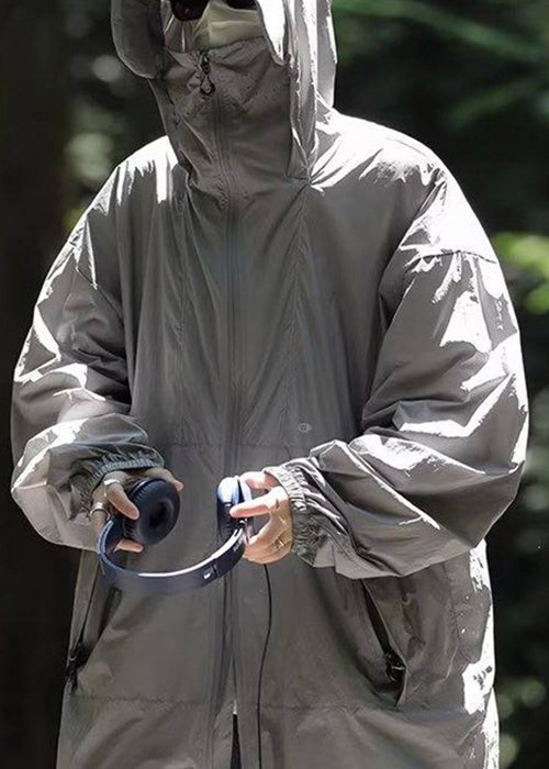 50+ Mens Grey Drawstring Simple Summer Coat Pockets UPF Hooded