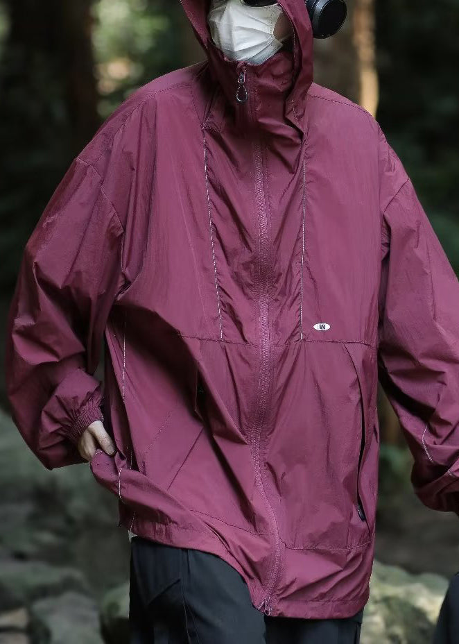 50+ Mens Grey Drawstring Simple Summer Coat Pockets UPF Hooded