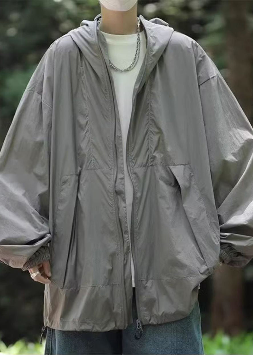 50+ Mens Grey Drawstring Simple Summer Coat Pockets UPF Hooded