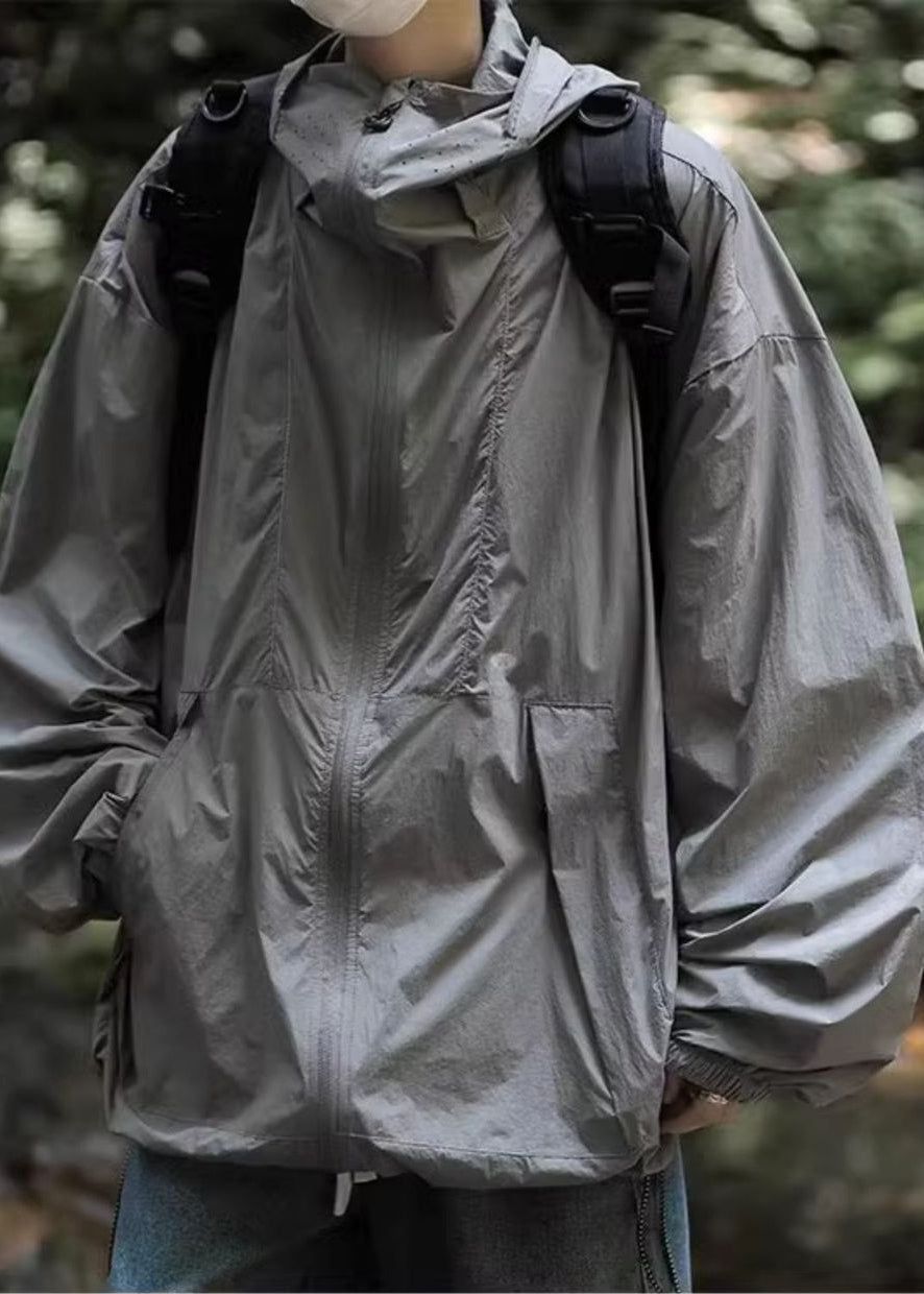 50+ Mens Grey Drawstring Simple Summer Coat Pockets UPF Hooded