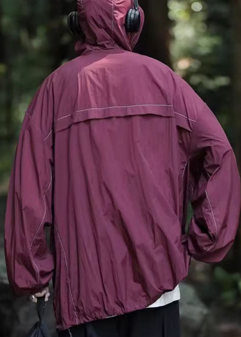 50+ Mens Grey Drawstring Simple Summer Coat Pockets UPF Hooded