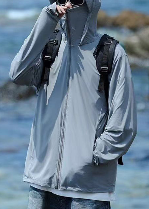 Pockets Hooded Coat Simple 50+ Zippered Men Grey Summer UPF