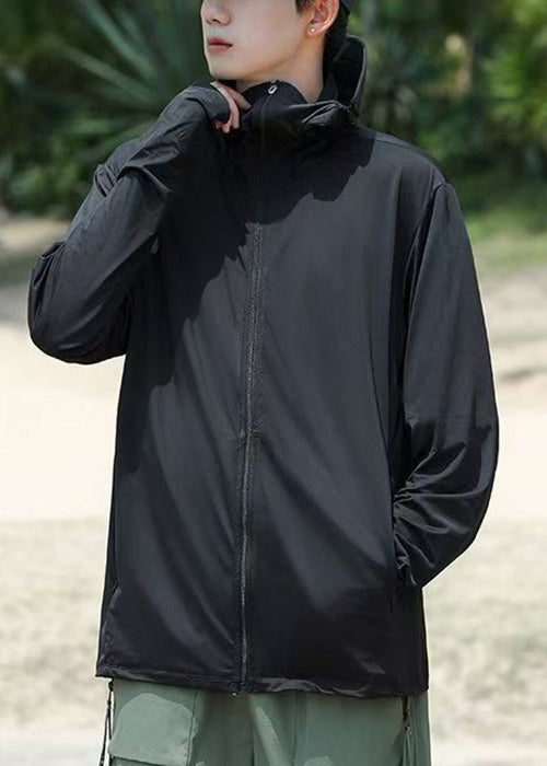 Pockets Hooded Coat Simple 50+ Zippered Men Grey Summer UPF