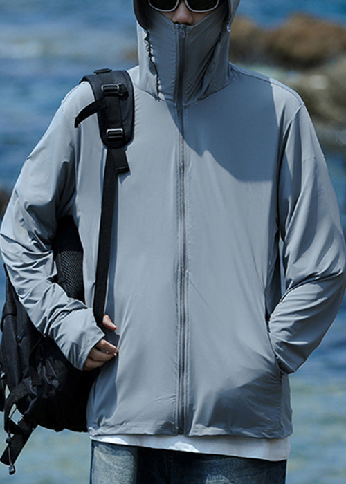 Pockets Hooded Coat Simple 50+ Zippered Men Grey Summer UPF