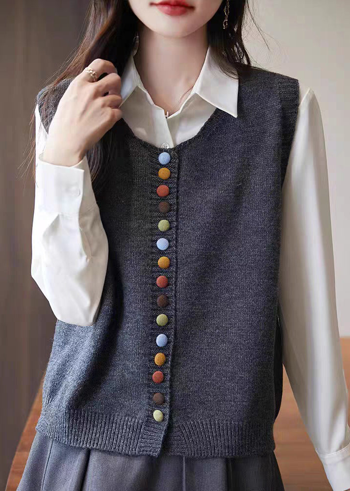 Simple Grey O Neck Button Knit Vest Sleeveless TF034
