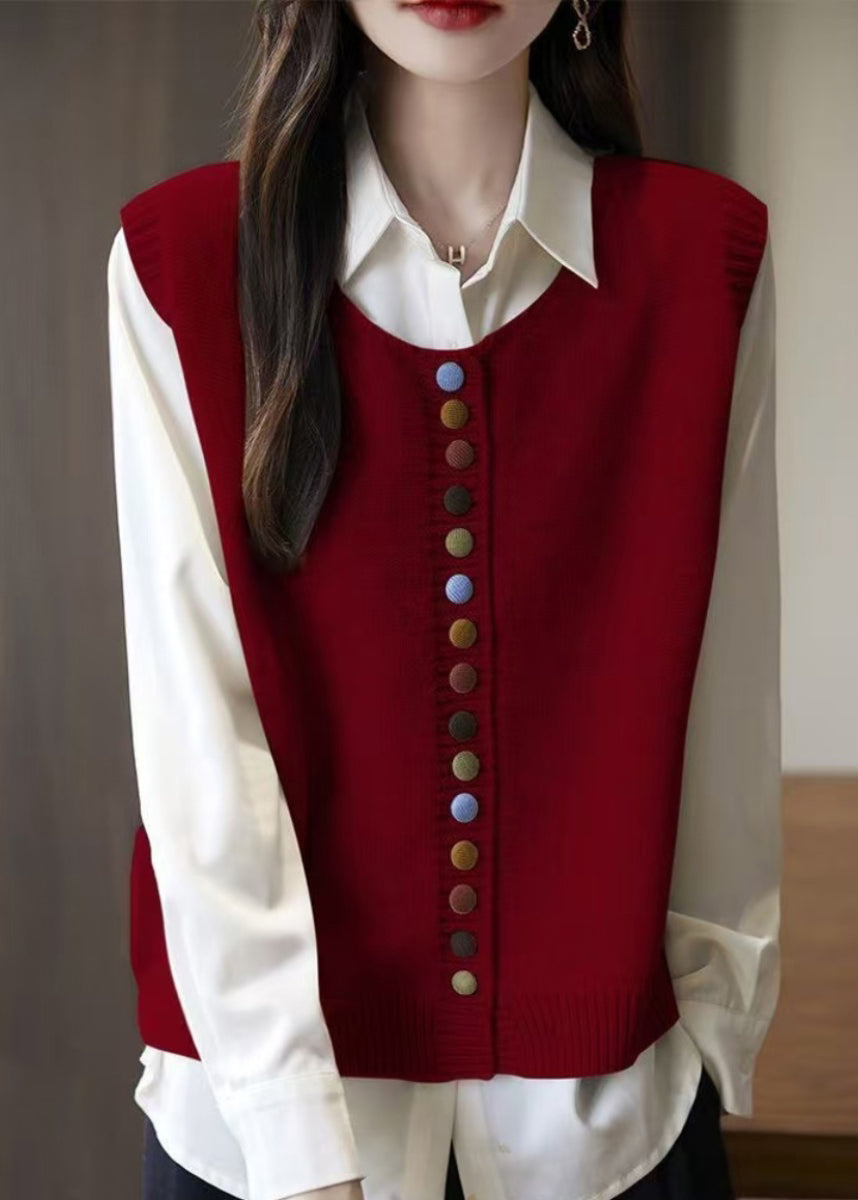 Simple Grey O Neck Button Knit Vest Sleeveless TF034