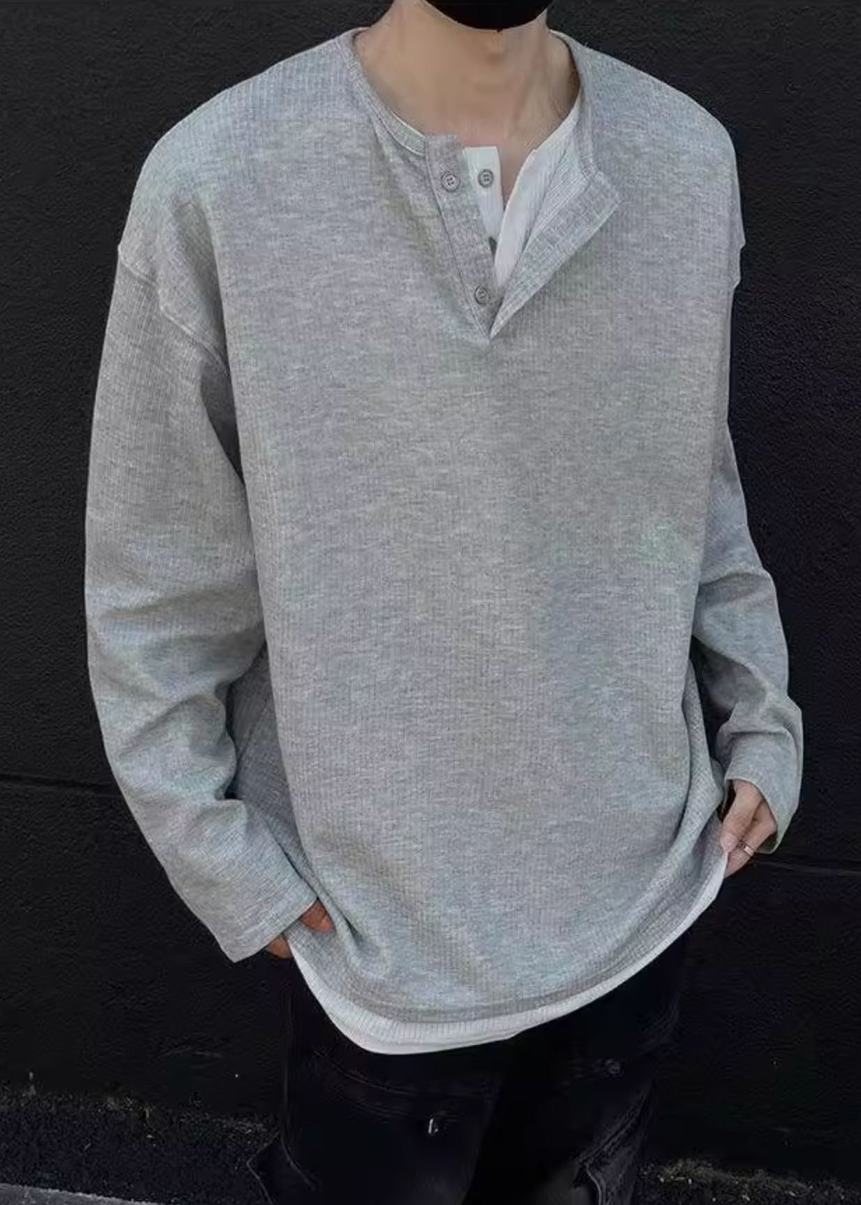 Grey Shirts T Patchwork Cotton Button Mens Simple Neck Spring O