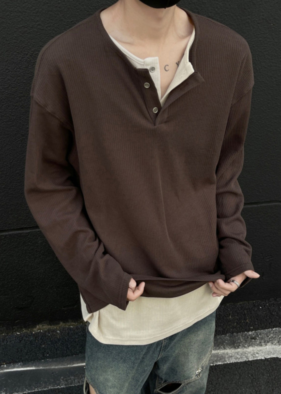 Grey Shirts T Patchwork Cotton Button Mens Simple Neck Spring O