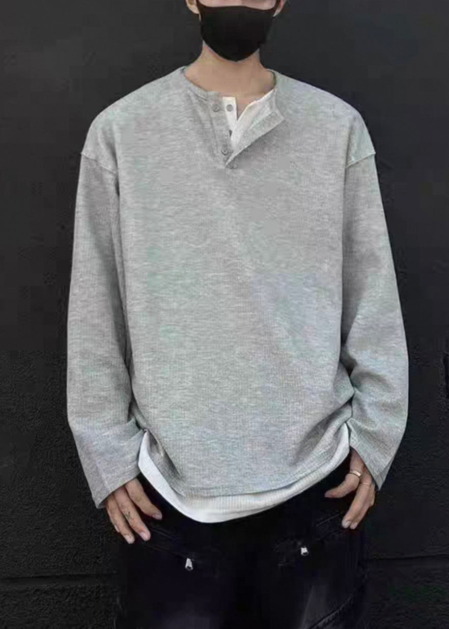 Grey Shirts T Patchwork Cotton Button Mens Simple Neck Spring O