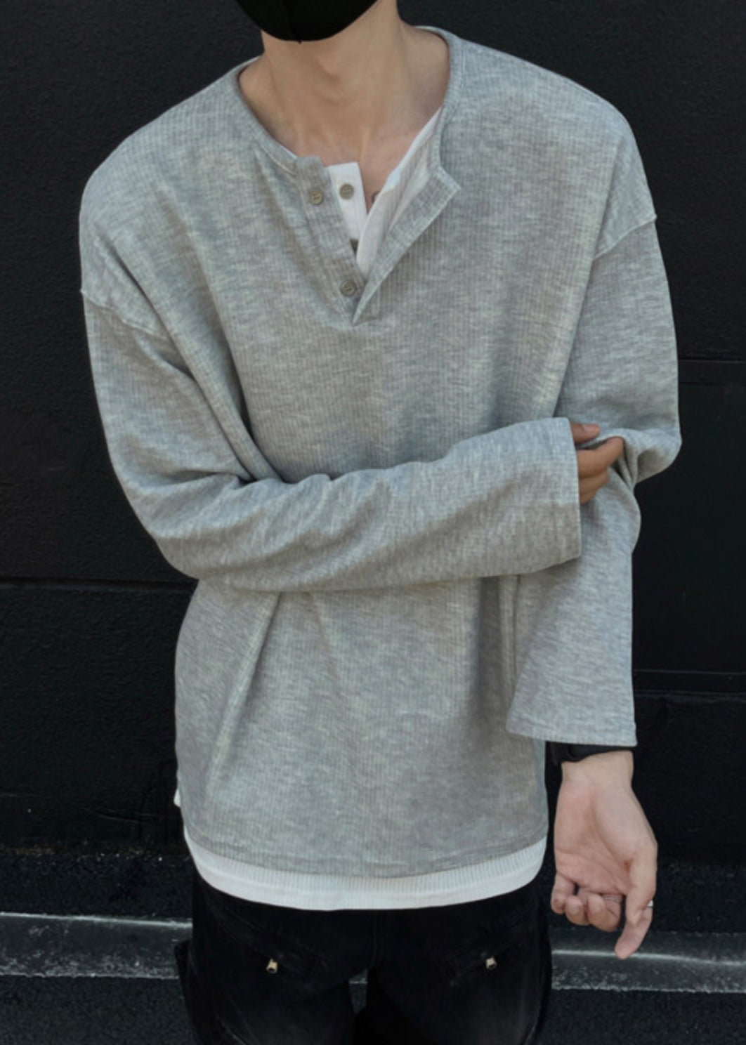 Grey Shirts T Patchwork Cotton Button Mens Simple Neck Spring O