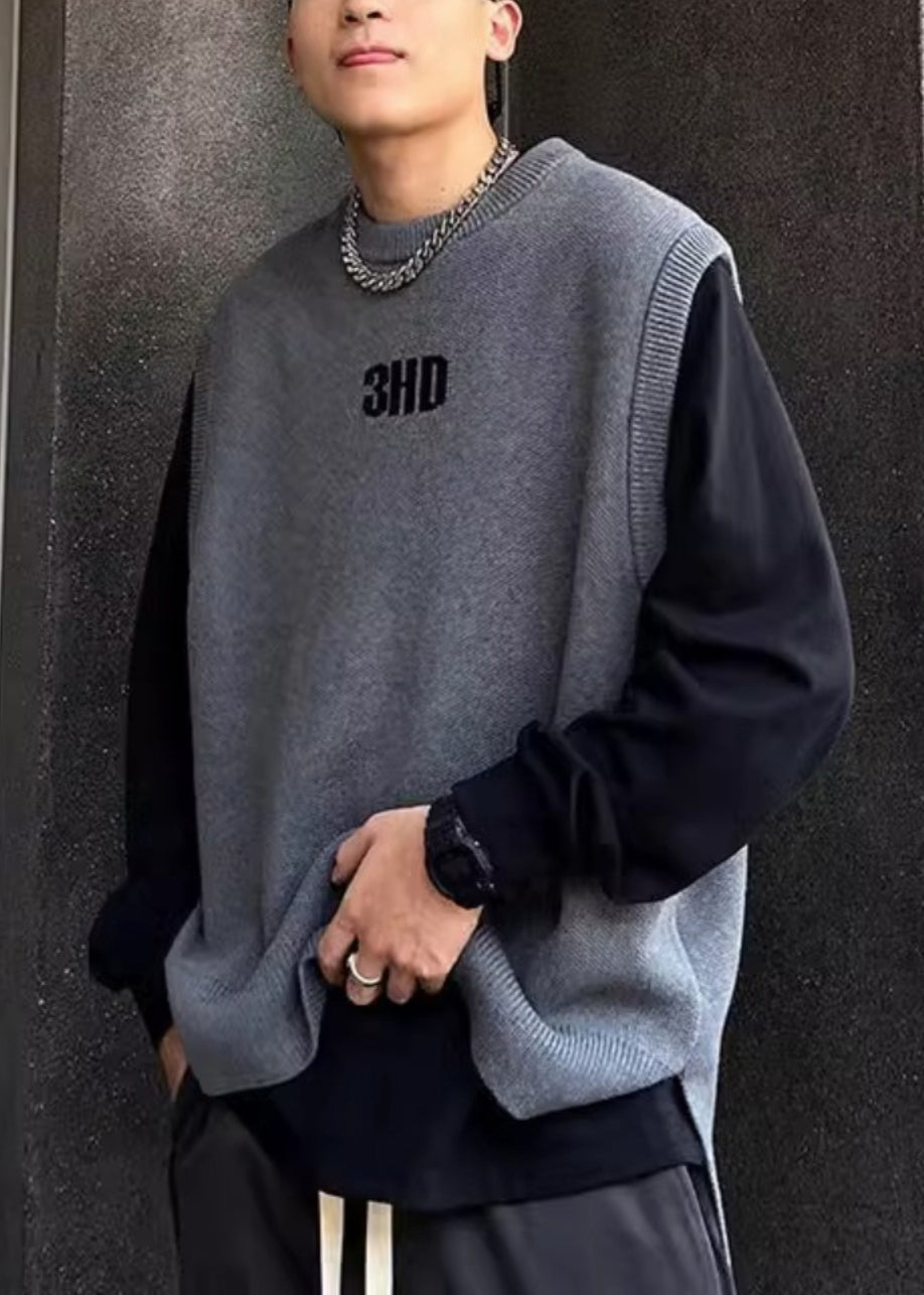 Simple Grey O Neck Letter Solid Men Knit Vest Fall RJ028