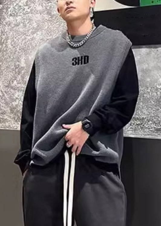 Simple Grey O Neck Letter Solid Men Knit Vest Fall RJ028