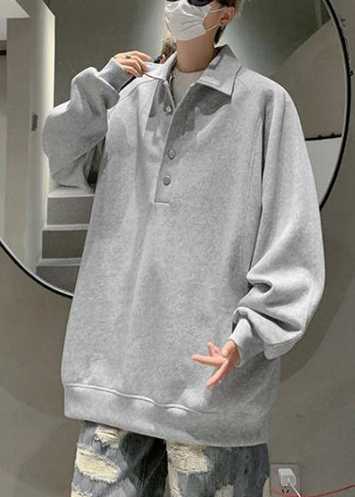 Simple Grey Peter Pan Collar Button Cotton Mens Sweatshirts Spring TC033