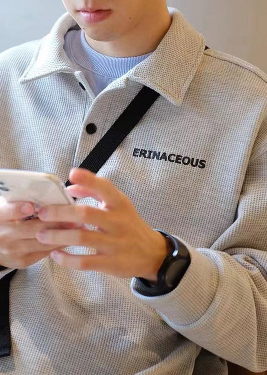 Simple Grey Peter Pan Collar Letter Cotton Mens Sweatshirts Spring TC015