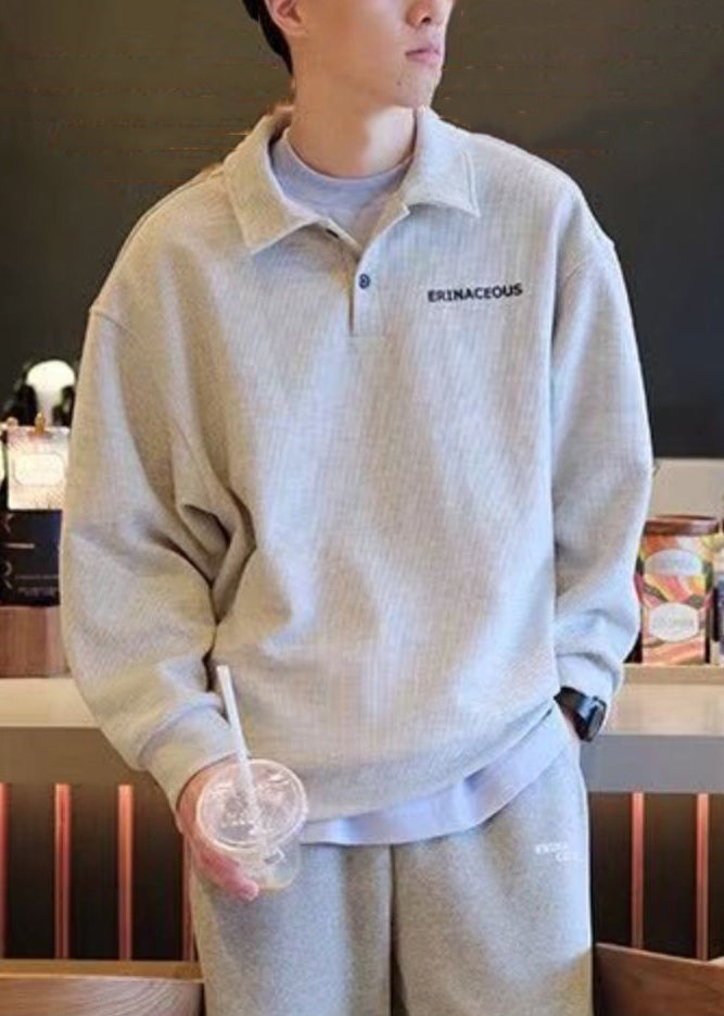 Simple Grey Peter Pan Collar Letter Cotton Mens Sweatshirts Spring TC015