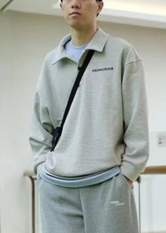Simple Grey Peter Pan Collar Letter Cotton Mens Sweatshirts Spring TC015