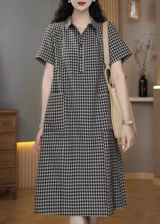 Plaid Grey Peter Linen Pan Simple Dress Summer Collar Mid