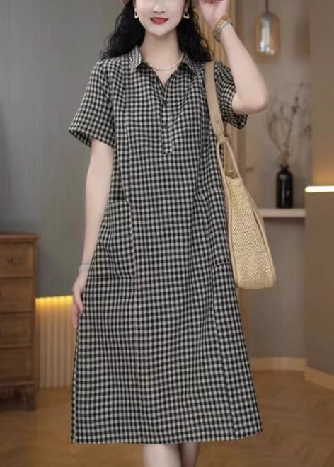 Peter Mid Plaid Grey Summer Simple Dress Collar Linen Pan