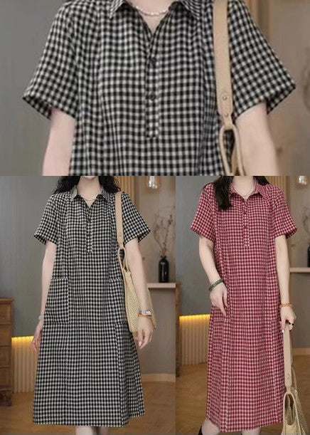 Plaid Grey Peter Linen Pan Simple Dress Summer Collar Mid