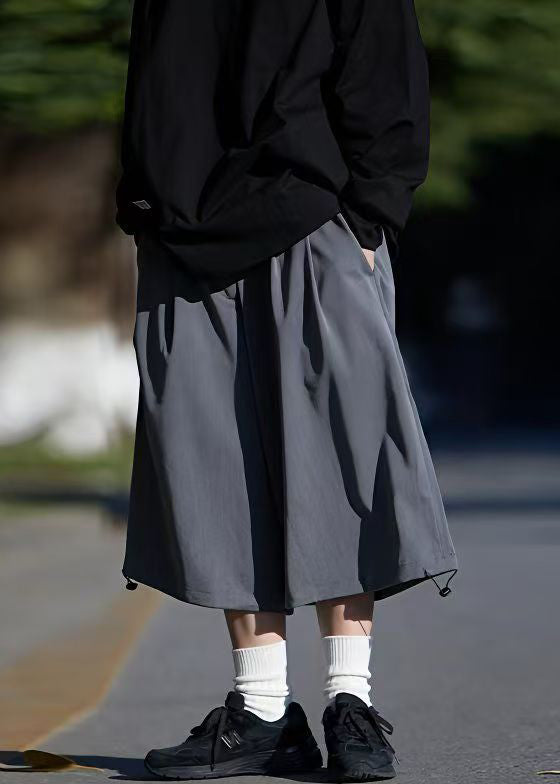 Crop Summer Drawstring Ice Silk Pockets Men Pants Simple Grey