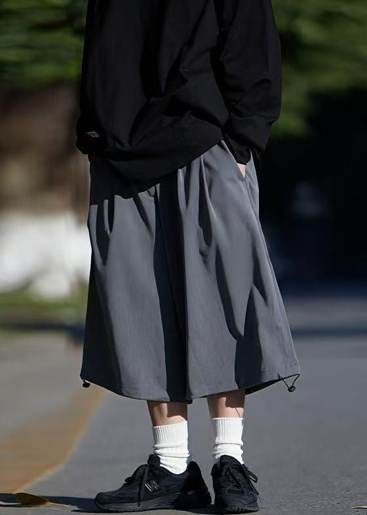 Crop Summer Drawstring Ice Silk Pockets Men Pants Simple Grey