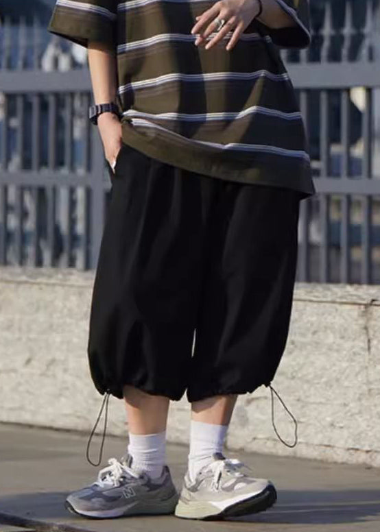 Crop Summer Drawstring Ice Silk Pockets Men Pants Simple Grey