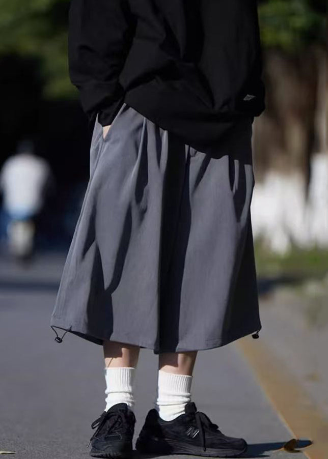 Crop Summer Drawstring Ice Silk Pockets Men Pants Simple Grey