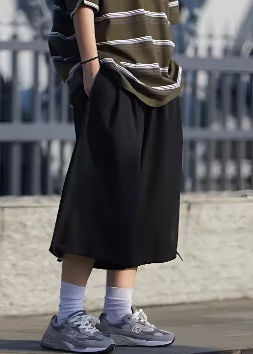 Crop Summer Drawstring Ice Silk Pockets Men Pants Simple Grey