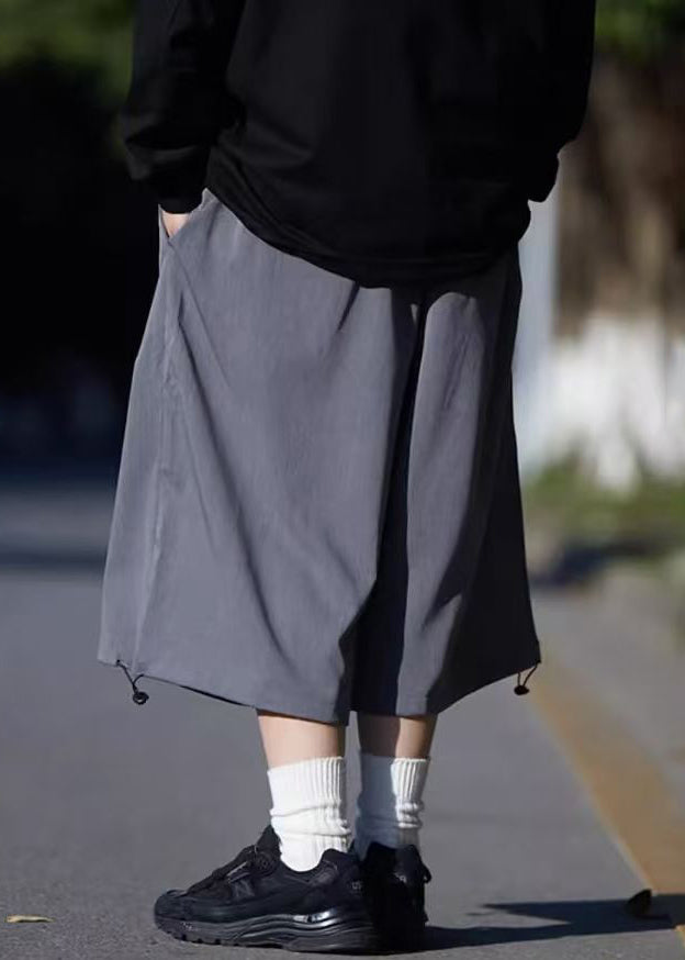 Crop Summer Drawstring Ice Silk Pockets Men Pants Simple Grey