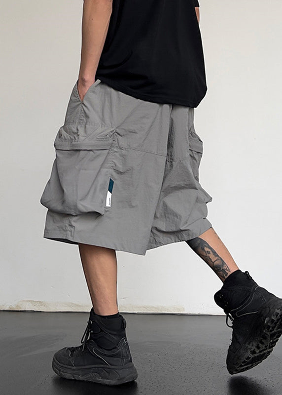 Pockets Simple Men Cotton Shorts Solid Grey Summer Drawstring