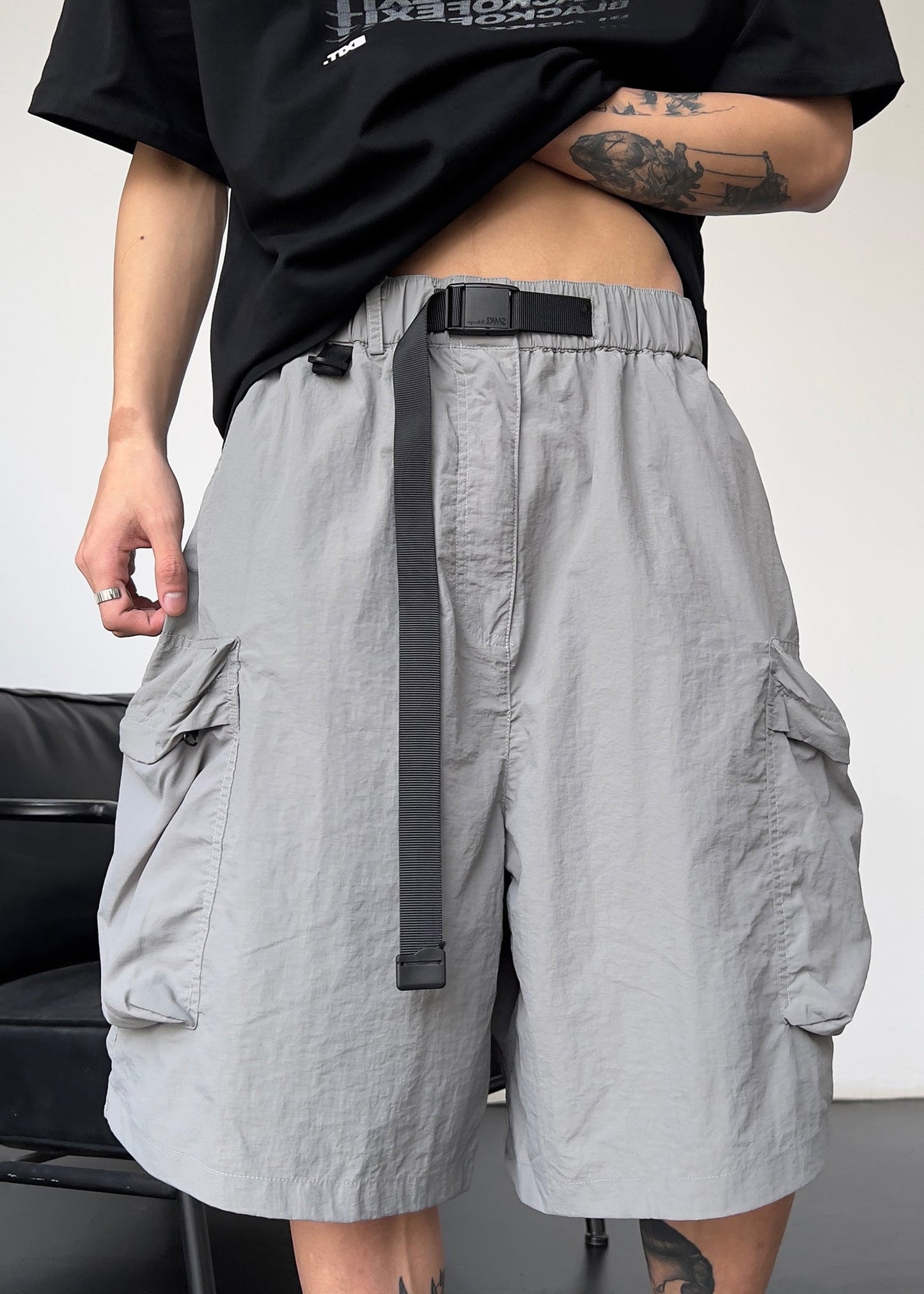 Pockets Simple Men Cotton Shorts Solid Grey Summer Drawstring
