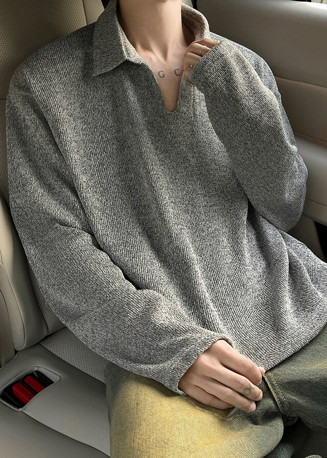 Spring Simple Polo Grey Cotton Solid Loose Men Shirt