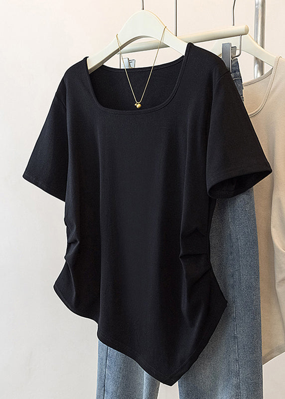 Simple Grey Square Collar Asymmetrical Patchwork Top Short Sleeve QB015