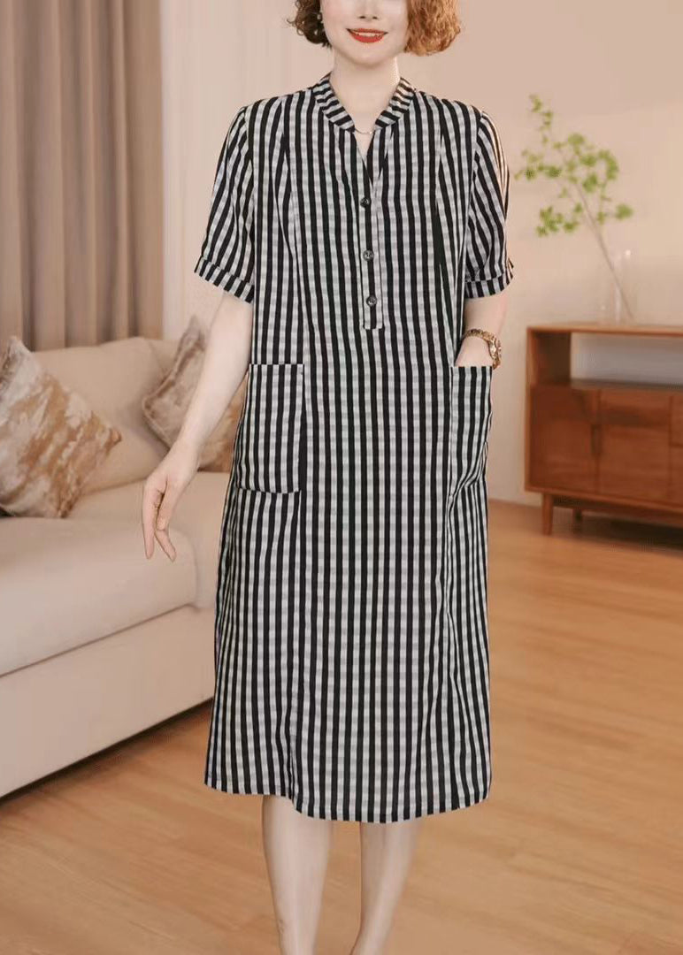 Dress Simple Striped Grey Cotton Summer Pockets Tea