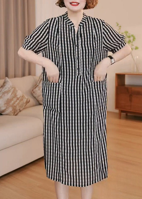 Pockets Tea Summer Grey Simple Striped Dress Cotton