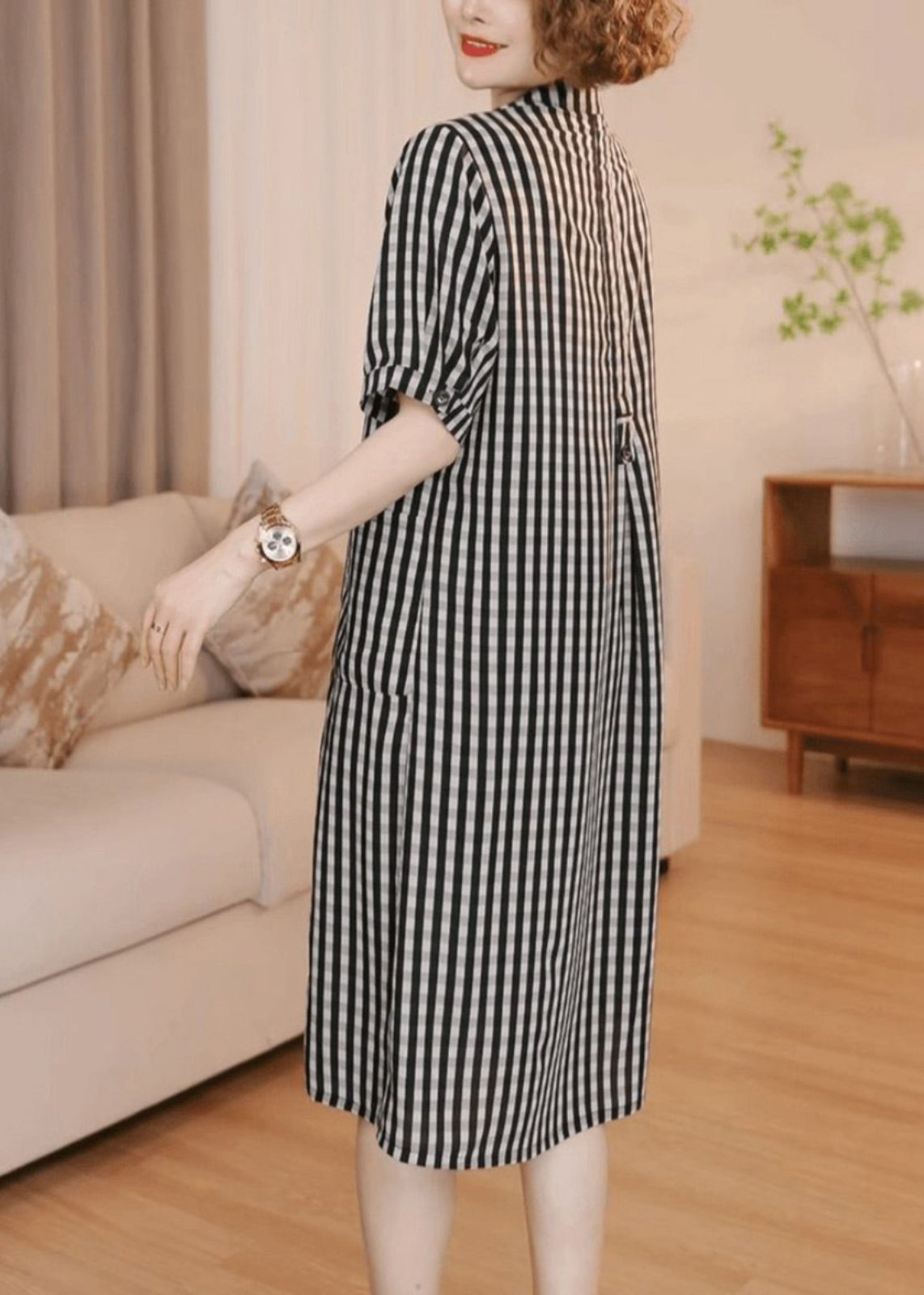 Dress Simple Striped Grey Cotton Summer Pockets Tea