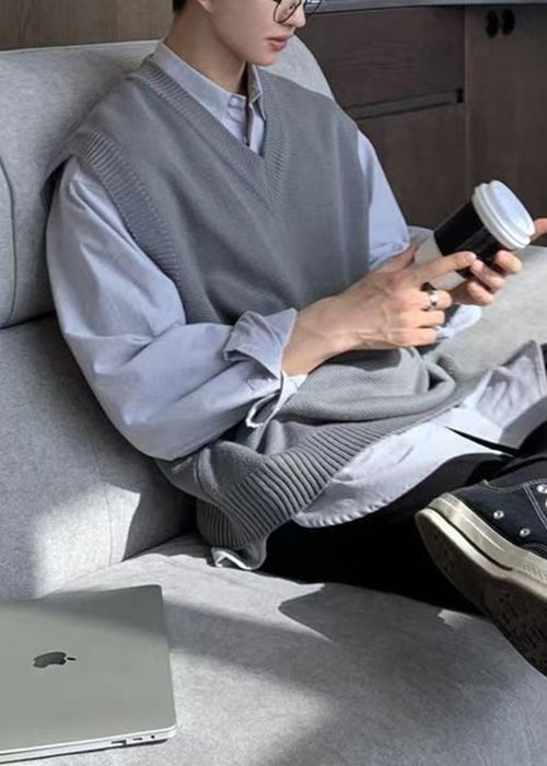 Simple Grey V Neck Cozy Knit Mens Vest Sleeveless RJ026