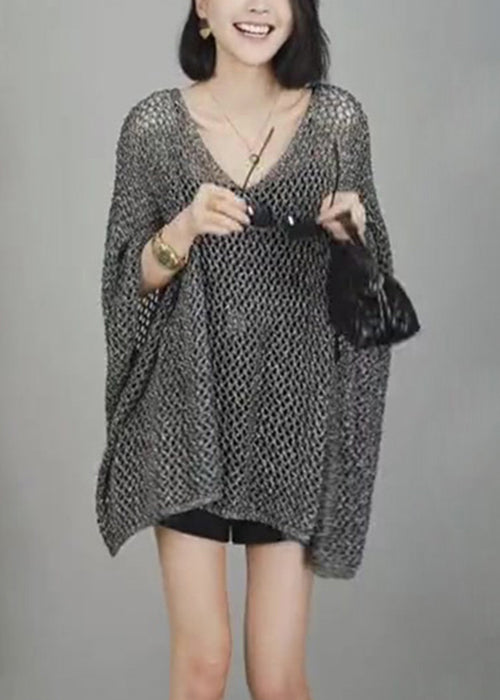 Neck Hollow Shirts V T Simple Out Knit Grey Sleeve Batwing