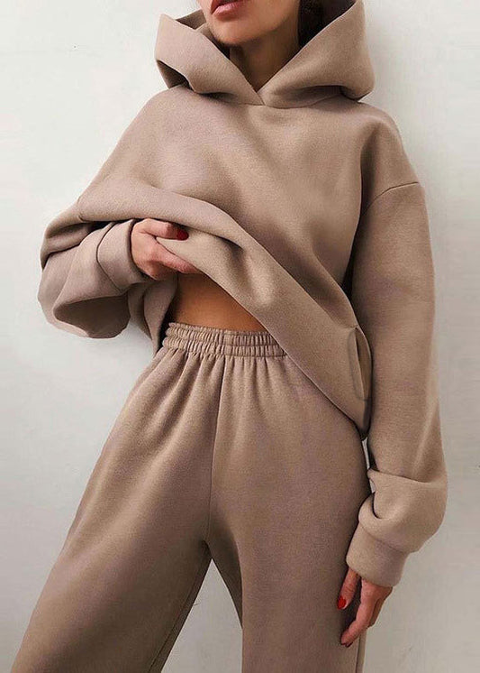 Simple Hooded Piece Two Set Khaki Cotton Spring Elastic Waist