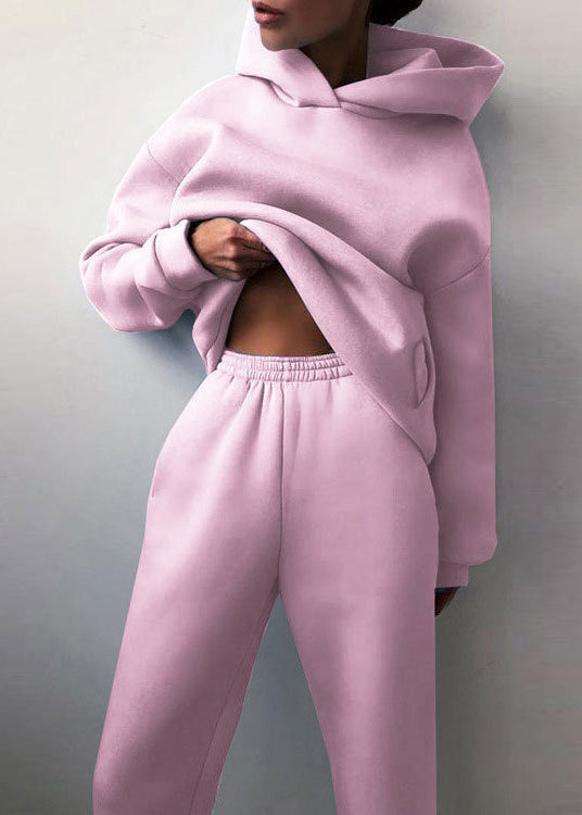 Simple Hooded Piece Two Set Khaki Cotton Spring Elastic Waist