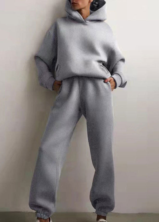 Simple Hooded Piece Two Set Khaki Cotton Spring Elastic Waist