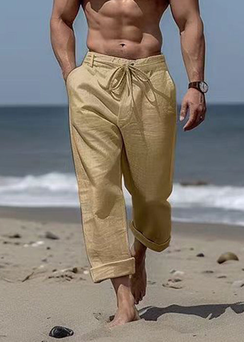 Summer Cotton Mens Khaki Solid Waist Elastic Pants Simple Pockets