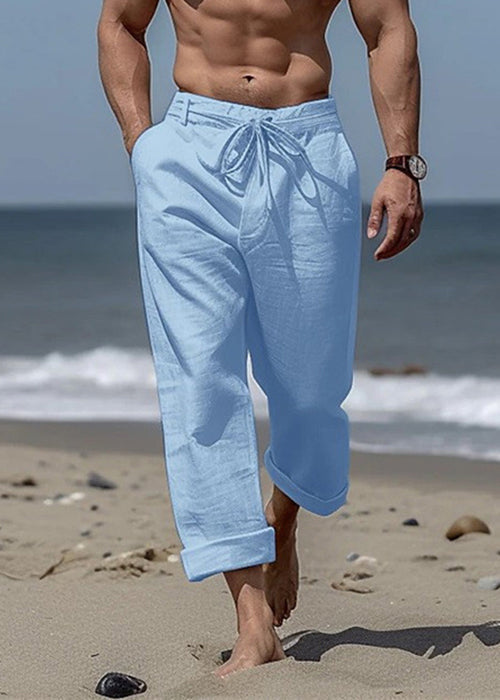 Summer Cotton Mens Khaki Solid Waist Elastic Pants Simple Pockets