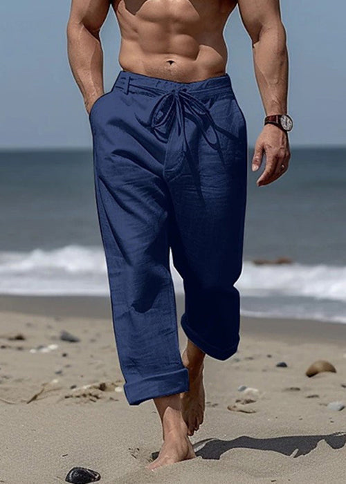 Summer Cotton Mens Khaki Solid Waist Elastic Pants Simple Pockets