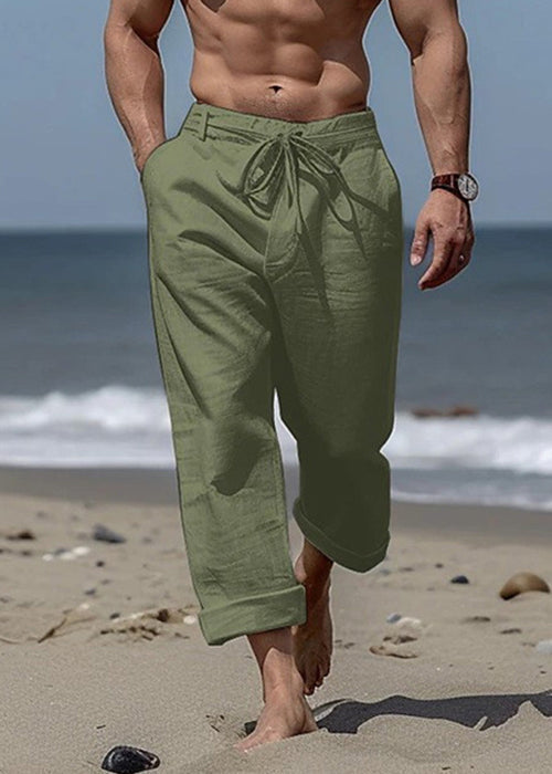 Summer Cotton Mens Khaki Solid Waist Elastic Pants Simple Pockets