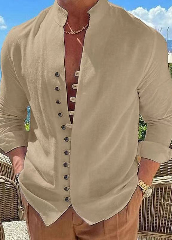 Stand Collar Khaki Simple Cotton Fall Men's Shirts Solid Button